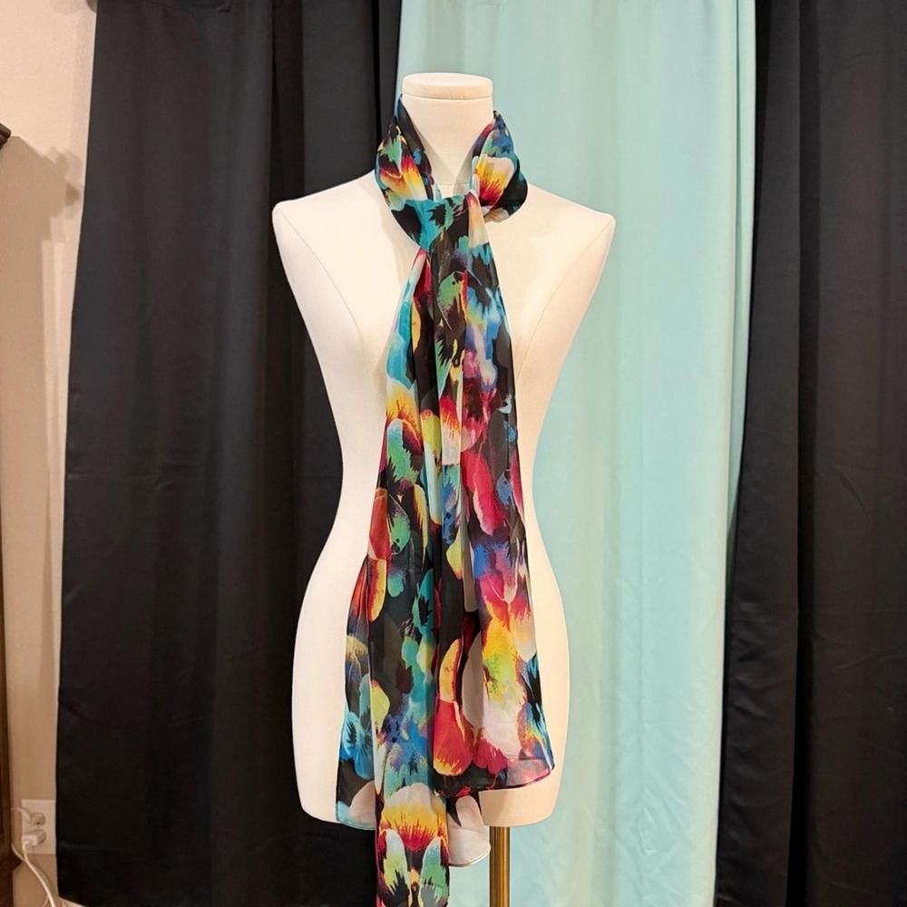 Calvin Klein Floral Pansy Chiffon Scarf Wrap Multi-Color OS Lightweight Boho - Picture 2 of 10